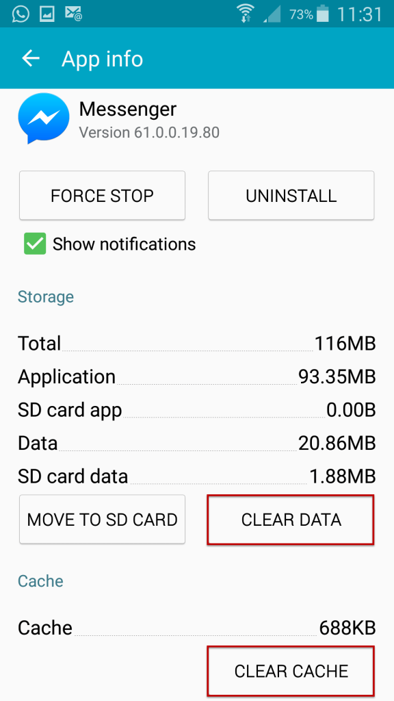 clear messenger cache and data