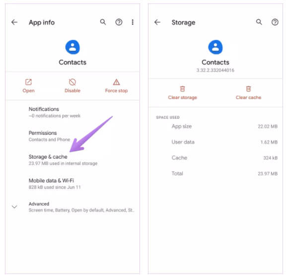 Clear Cache and Clear Data Of Contacts App