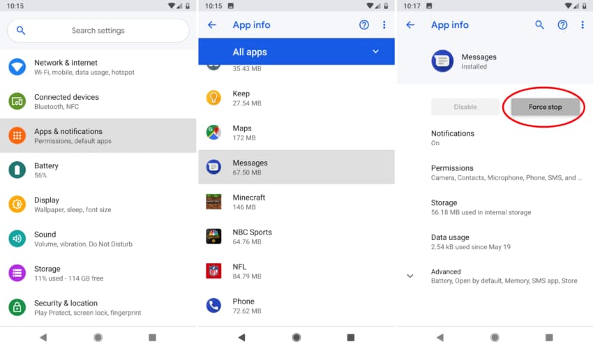 Force Stop Messaging App
