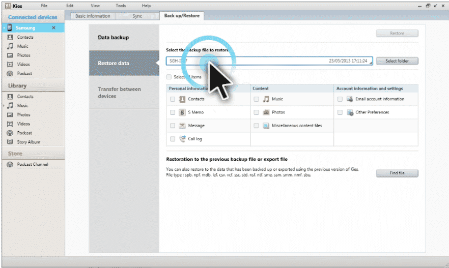 Select The Backup File To Restore Samsung S22, S22 Plus and S22 Ultra Phone Data From Samsung Kies Backup