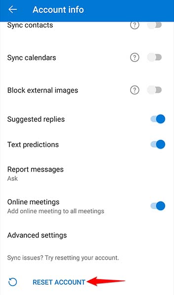 Reset Outlook Account on Android