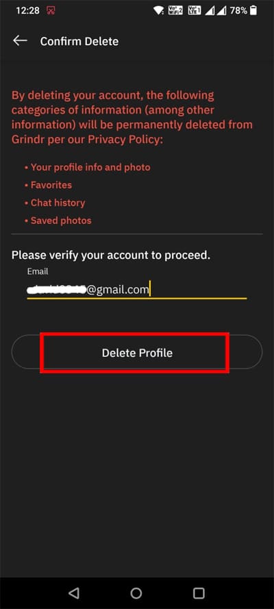Tap on Delete Profile on Grindr app
