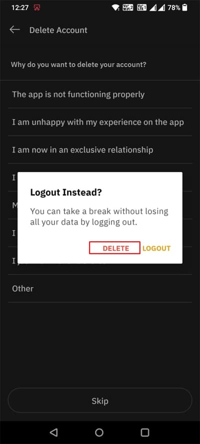 Tap on Delete on Grindr app