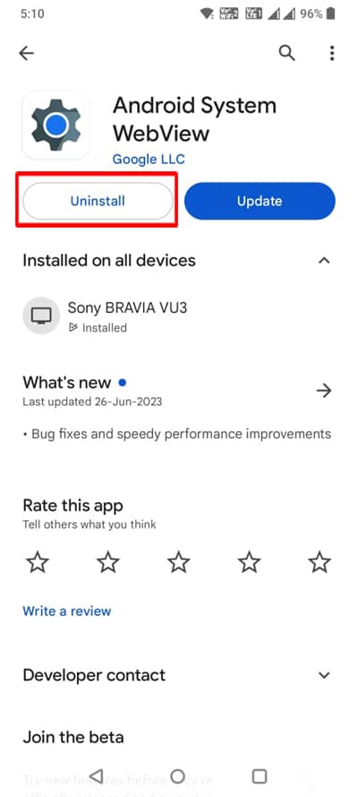 Uninstall Android System WebView