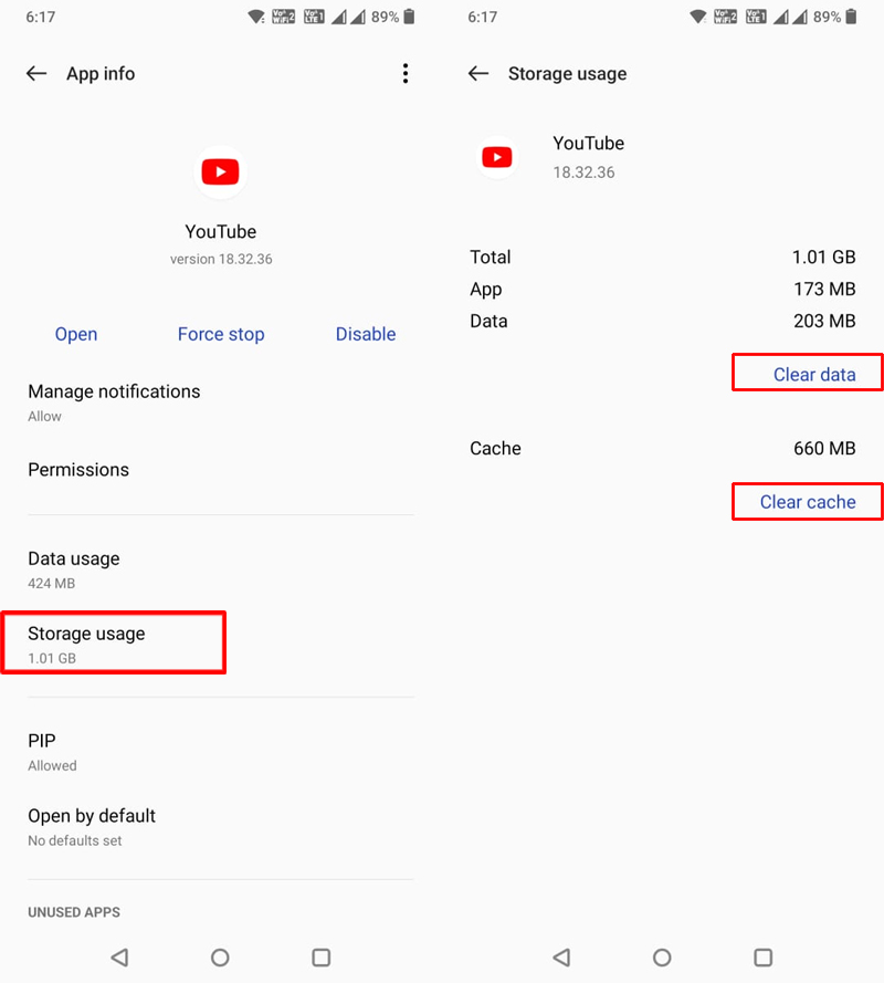Clear cache and data of YouTube App