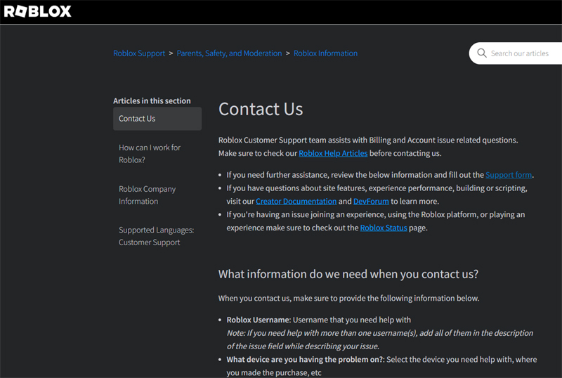 Contact Roblox Support