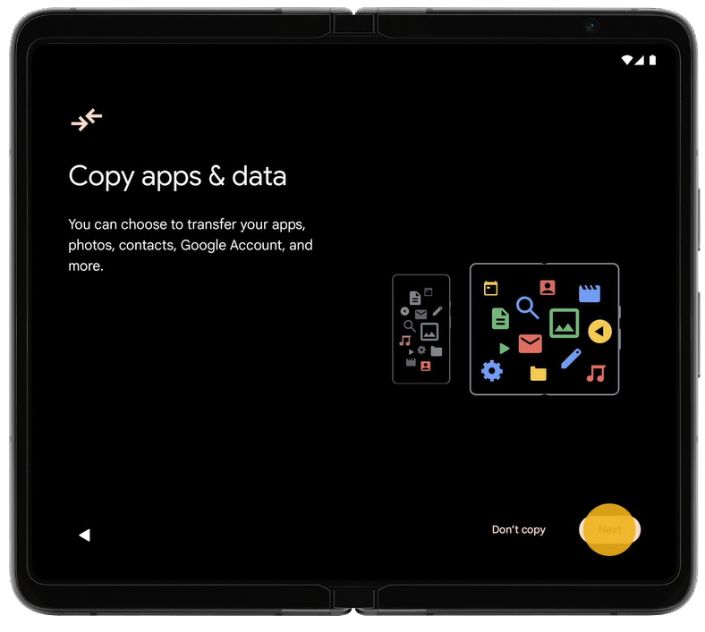 On Copy apps and data screen tap Next on Pixel Fold