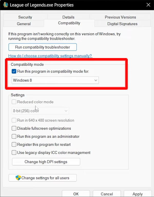 Check Run this program in compatibility mode League of Legends