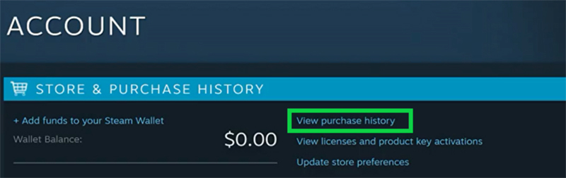 Click on View purchase history on Steam
