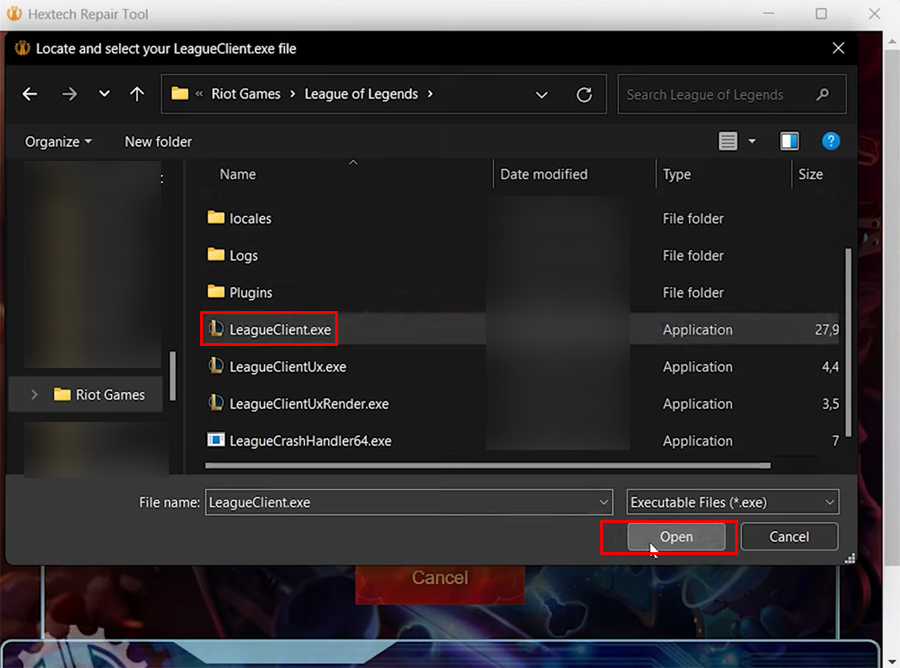 Select LeagueClient Executable File