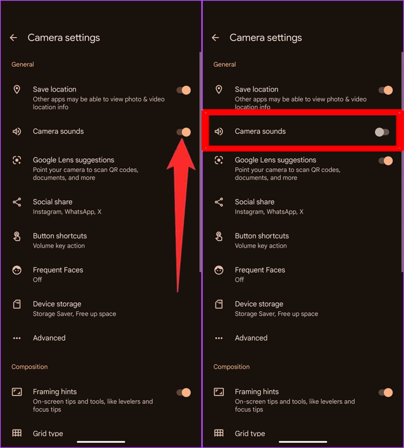 Toggle off Camera sounds