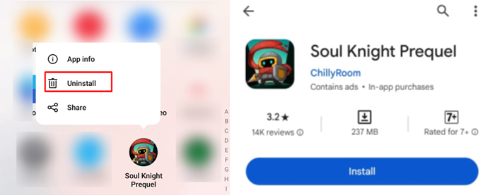 Uninstall and Re-Install Soul Knight Prequel