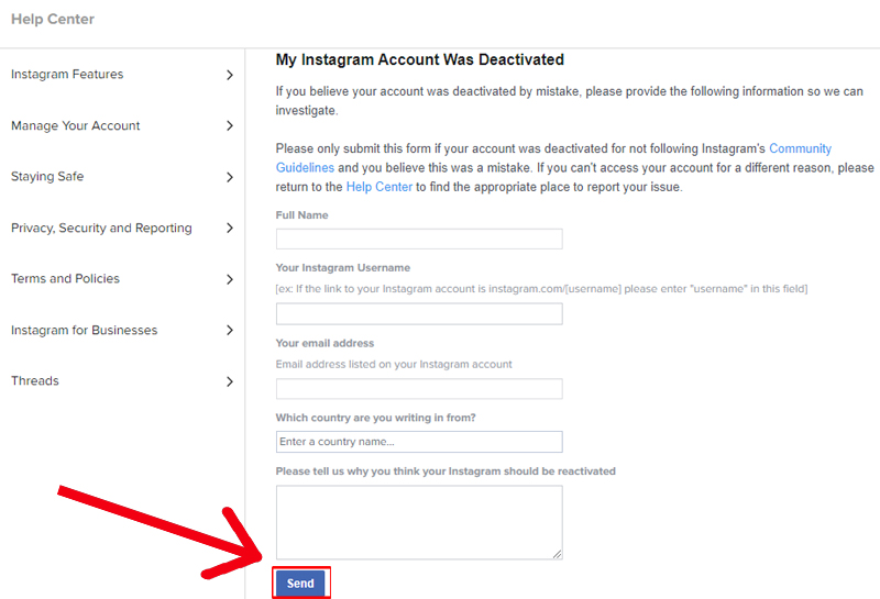 Submit “My Instagram Account Was Deactivated” Form
