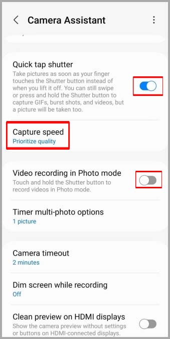 Turn on Quick Tap Shutter and Video Recording in photo mode