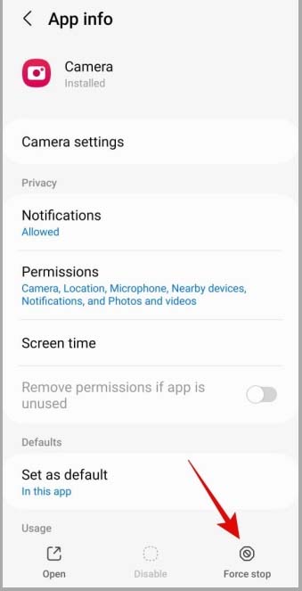 Force Stop Camera App on Samsung S24, S24 Plus, or S24 Ultra