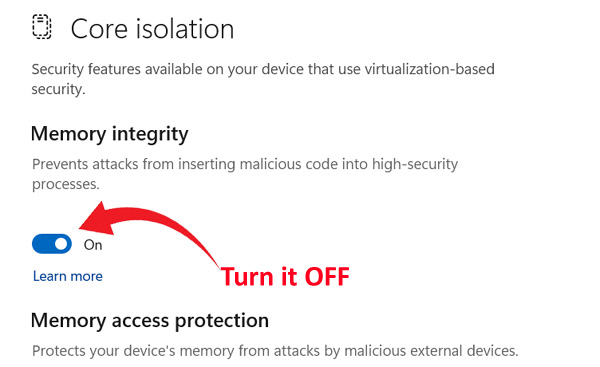 Disable Memory Integrity