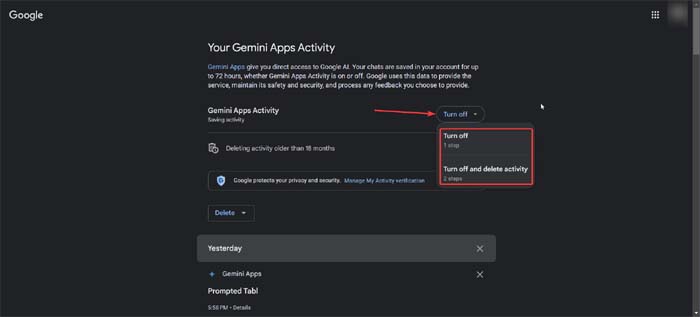 Turn off Gemini Apps Activity on PC